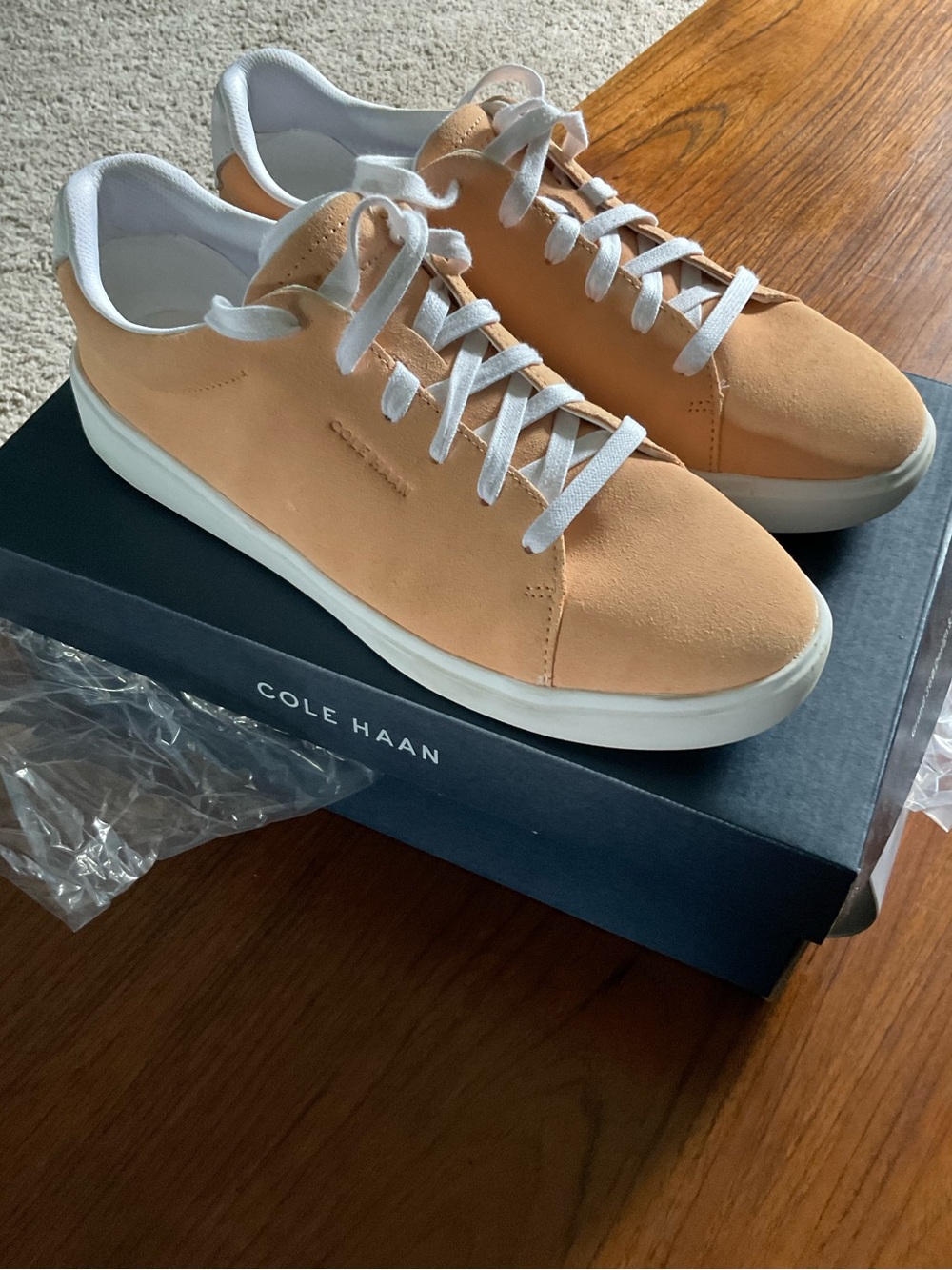 Cole Haan women’s Peach Suede Low-Top Sneakers with White Sole